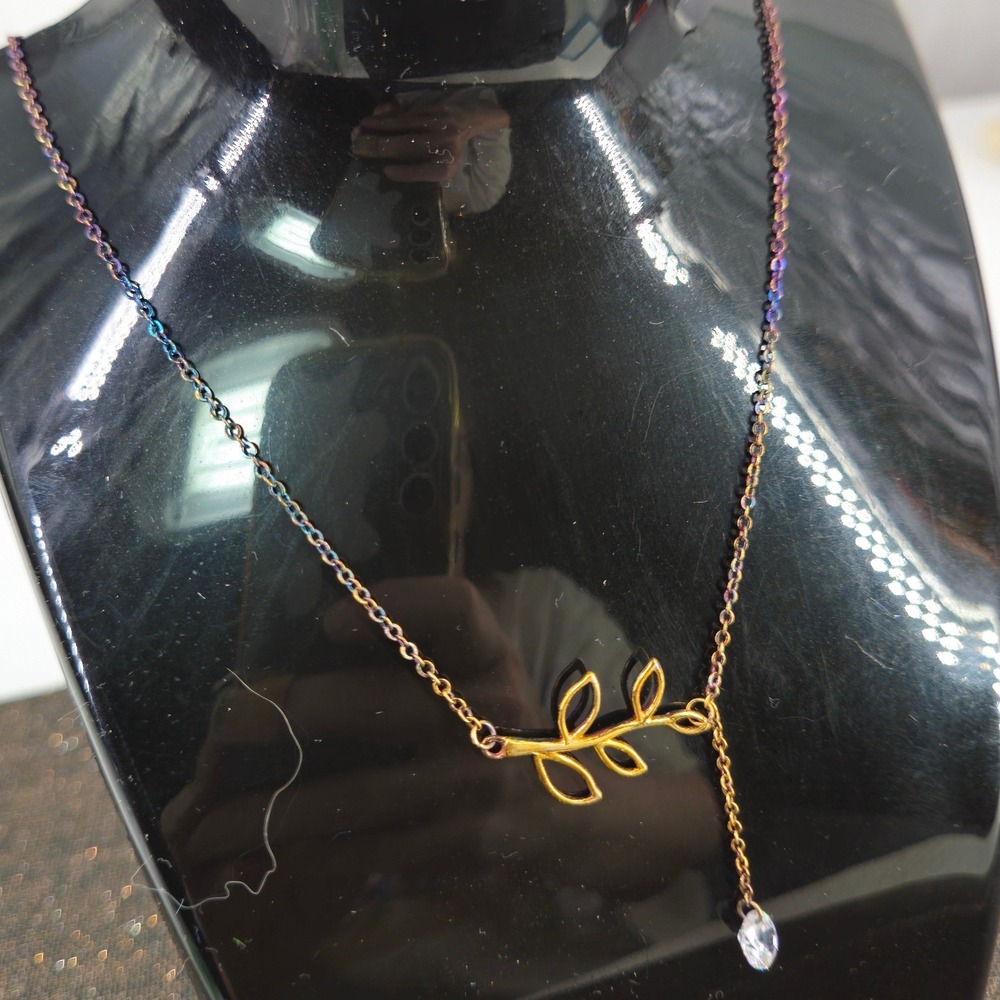 Tzaro Gold Plate .925 Leaf‎ Branch Lariat Necklace Ombre Iridescent Chain CZ Gem